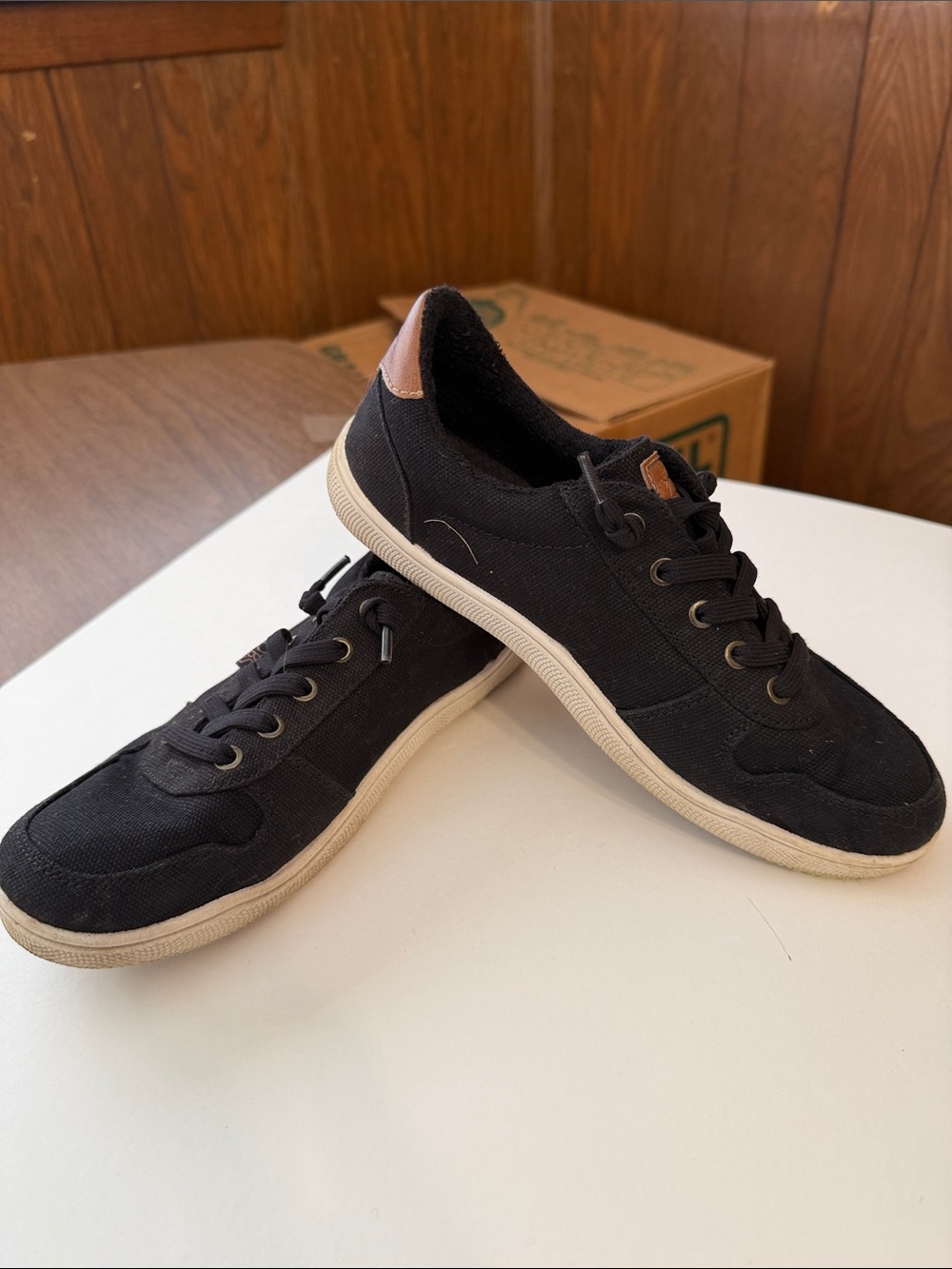 BOBS from Skechers Black Canvas Sneakers with Tan Heel Accent